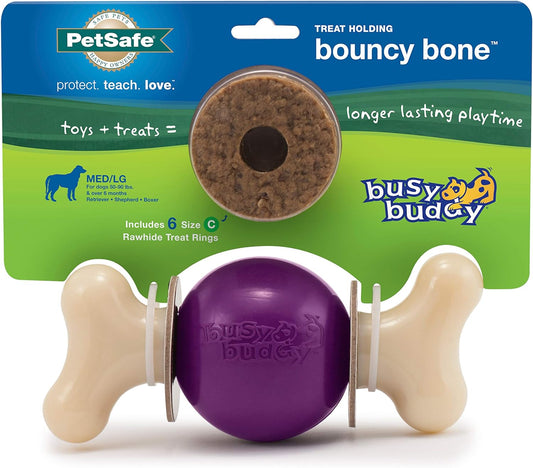 PetSafe Busy Buddy Bouncy Bone Dog Toy - Treat-Holding Toys for Dogs- Scented for Enhanced Sensory Stimulation- Rigorously Tested Ingredients- for Aggressive Chewers- Treat Refills Available - M/L