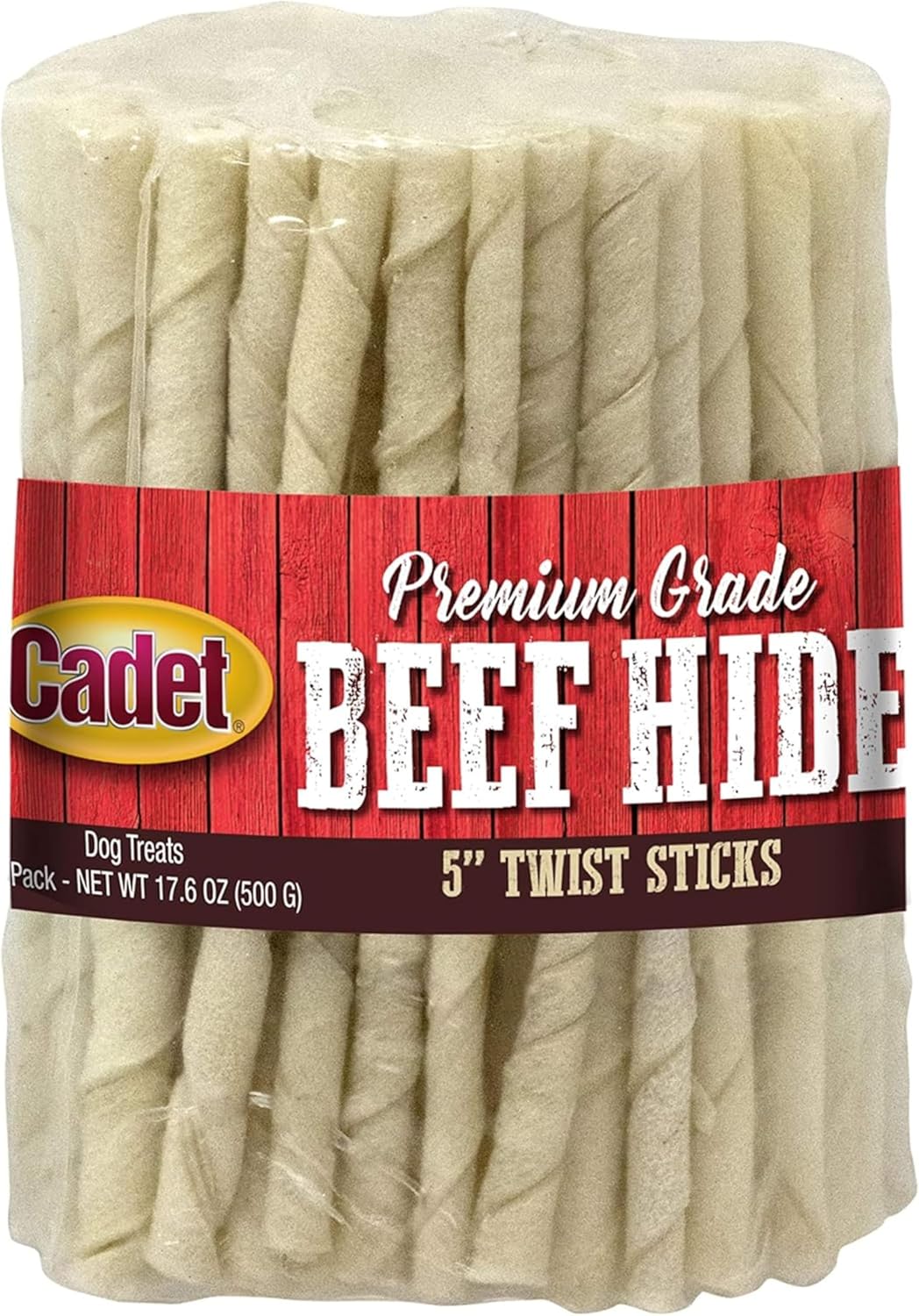 Cadet Premium Grade Beef Hide for Dogs, Long Lasting Rawhide Twist Chew Sticks, Natural Dog Chews, 5 Inch Dog Bones (100 Count)