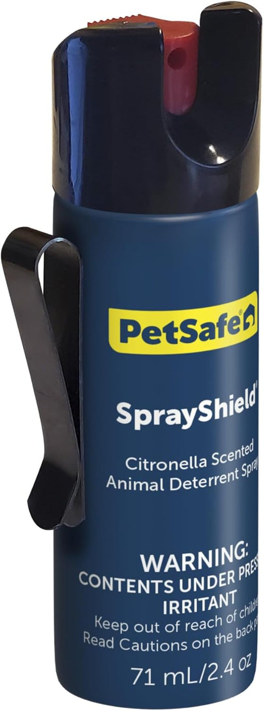 PetSafe SprayShield Animal Deterrent Spray (2.4 Oz / 71 ML) Dog Spray Self Defense Compact Design for Portability, Belt Clip for Easy Carry, Releases Surprising Burst, Citronella