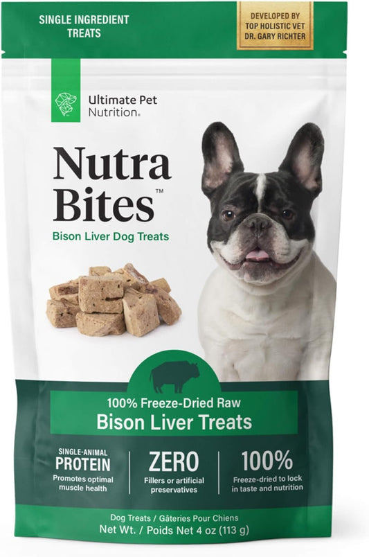 ULTIMATE PET NUTRITION Nutra Bites Freeze Dried Raw Single Ingredient Training Treats Food Topper for Dogs, 4 Ounces, Bison Liver