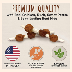 Cadet Gourmet Triple-Flavored Beef Hide Shish Kabob Dog Treats - Healthy & Natural Chicken, Duck, & Sweet Potato Dog Treats, 5 in.
