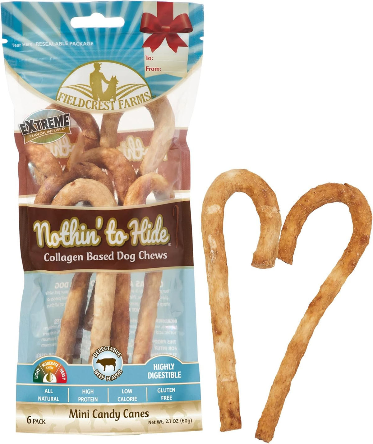 Fieldcrest Farms Nothin' to Hide Mini Holiday Candy Cane Beef Flavor Dog Chews, Rawhide-Free, Easily Digestible, Long-Lasting, All-Natural Treats for Moderate Chewers up to 15lbs