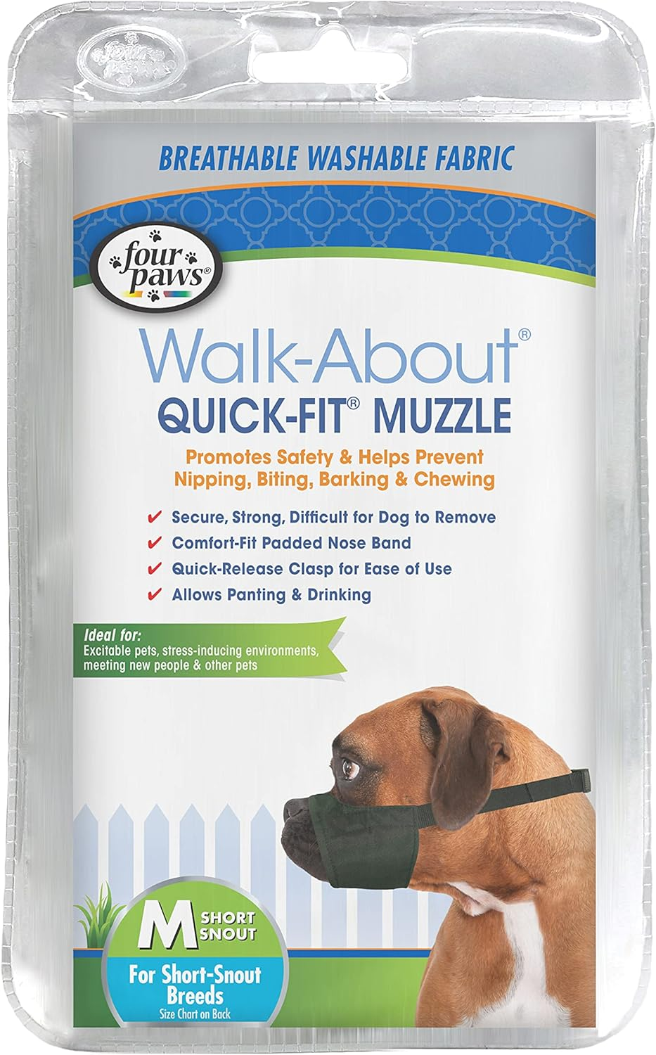 Four Paws Walk-About Quick-Fit Short Snout Adjustable Dog Muzzle for Medium Dogs, Washable & Breathable, Black